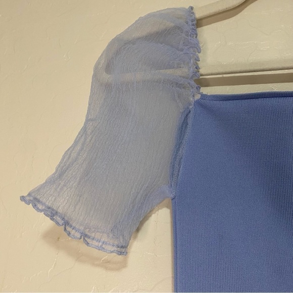 Zara Periwinkle Stretchy Knit Sheer Balloon Sleeve Cropped Square Neck Top S - Picture 6 of 9